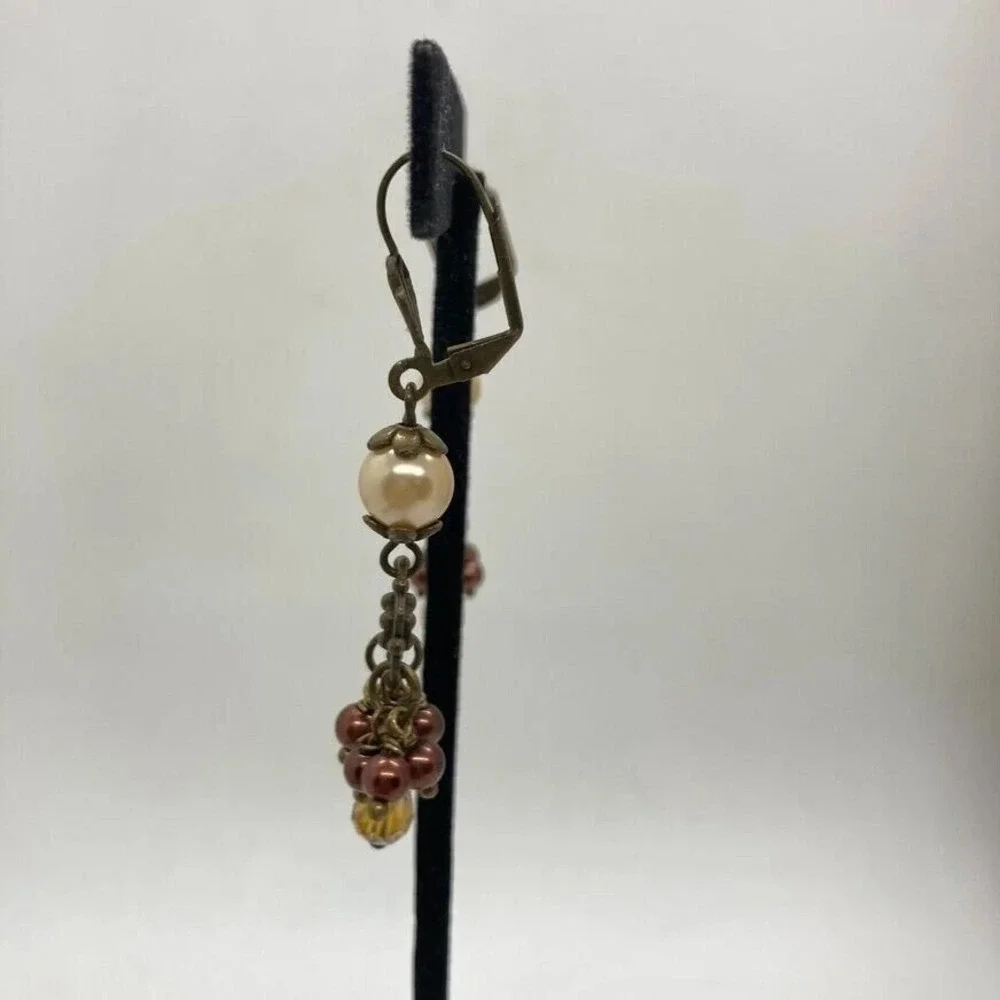 Vintage Style Dangle Earrings Pearl Bronze Brown Amber Leverback Fashion Jewelry